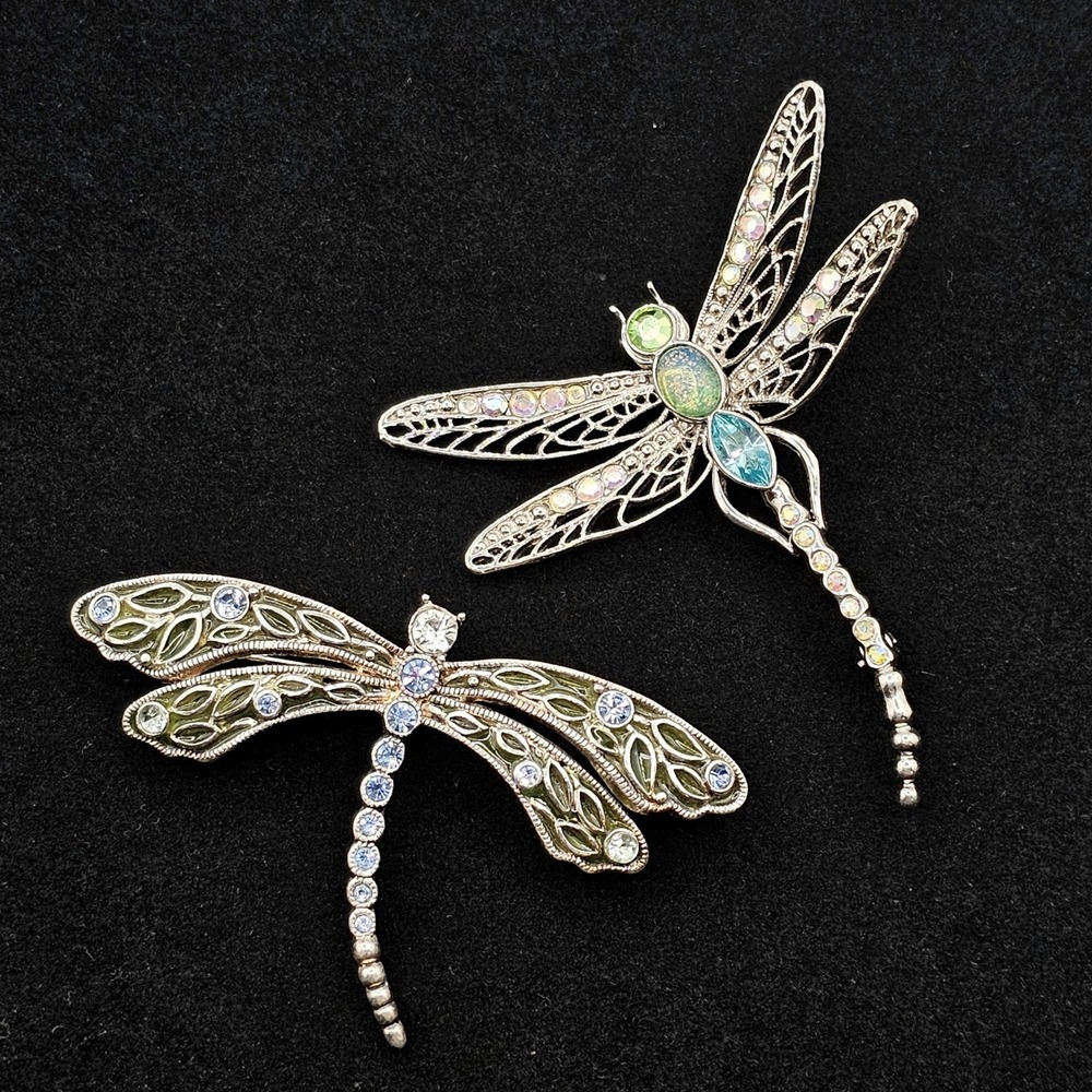 Dragonfly Brooch Pin Set 2pc Silver Tone Blue Green Rhinestone Enamel Pastels‎